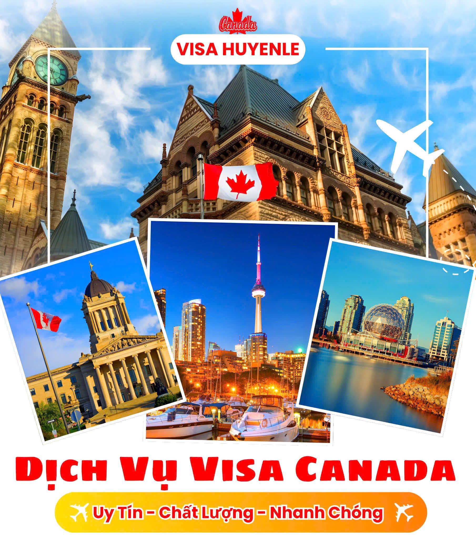 Dịch vụ visa đi Canada cung cấp cơ hội cho công dân Việt Nam và nước ngoài tại Việt Nam thực hiện chuyến đi tới xứ sở gần gũi và đa dạng văn hóa này. Dưới đây là thông tin chi tiết về quy trình và hồ sơ cần thiết để xin visa đi Canada. ### Thông Tin Dịch Vụ - **Đối tượng áp dụng:** - Công dân Việt Nam - Công dân nước ngoài tại Việt Nam và nước ngoài. - **Mục đích:** - Visa cho du lịch, thăm thân, công tác, thương mại. - Nếu có các mục đích đặc thù như du học, lao động, tôn giáo, hoạt động giải trí, nghệ sĩ, thương nhân, cư trú dài hạn, định cư, kết hôn, bạn hãy liên hệ với chuyên viên tư vấn để được hỗ trợ chi tiết. - **Phí dịch vụ:** - Bao gồm phí xét duyệt của cơ quan ngoại giao Canada và các chi phí dịch vụ tổng quát từ HuyenLe. ### Hồ Sơ Xin Visa Canada Hồ sơ xin visa Canada sẽ khác nhau tùy theo mục đích và tình huống cụ thể. Tuy nhiên, về cơ bản, bạn cần chuẩn bị các tài liệu sau: 1. **Hộ chiếu:** - Còn hạn trên 6 tháng và có ít nhất 2 trang trống. 2. **Hình thẻ:** - Theo tiêu chuẩn ICAO. 3. **Giấy tờ nhân thân:** - Các giấy tờ như chứng minh nhân dân, sổ hộ khẩu, giấy khai sinh (nếu đi cùng trẻ em). 4. **Bằng chứng về khả năng tài chính:** - Sao kê tài khoản ngân hàng, giấy tờ chứng minh tài sản hoặc thu nhập. 5. **Hồ sơ chứng minh mục đích chuyến đi:** - Lịch trình du lịch, thư mời (nếu thăm thân), các tài liệu liên quan đến công tác, thương mại. ### Liên Hệ Tư Vấn Chi tiết hồ sơ và yêu cầu chính xác có thể thay đổi tùy vào từng trường hợp cụ thể. Để nhận được danh sách hồ sơ chi tiết và tư vấn chính xác, bạn nên liên hệ với chuyên viên tư vấn. Nếu bạn có bất kỳ câu hỏi nào khác về visa Canada hoặc cần thêm thông tin, đừng ngần ngại hỏi mình!